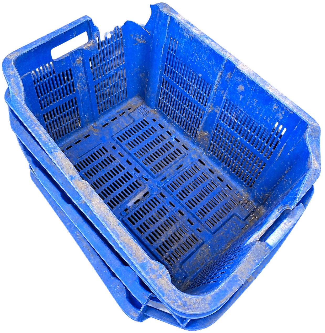 Damaged plastic crate shown as an SG granulator waste example.